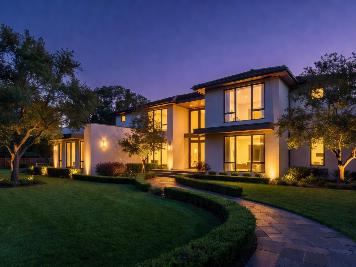 Beautifully illuminated residential property exterior at dusk
