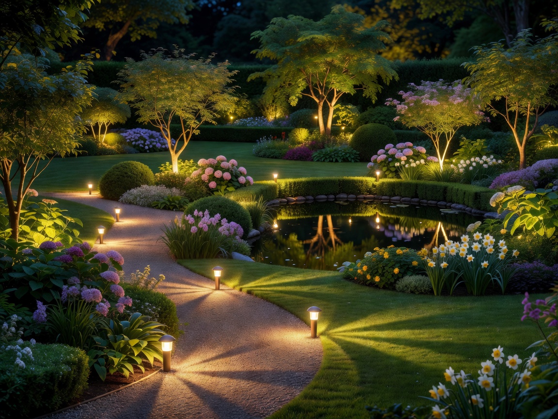 Beautifully landscaped garden illuminated by soft outdoor lights at night