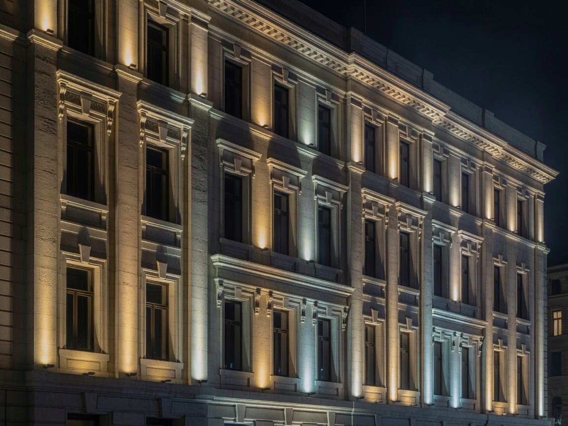 Building facade highlighted by architectural lighting