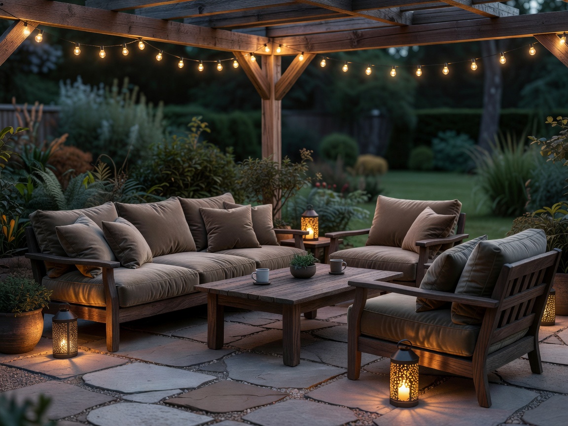 Comfortable outdoor patio seating area with ambient lighting