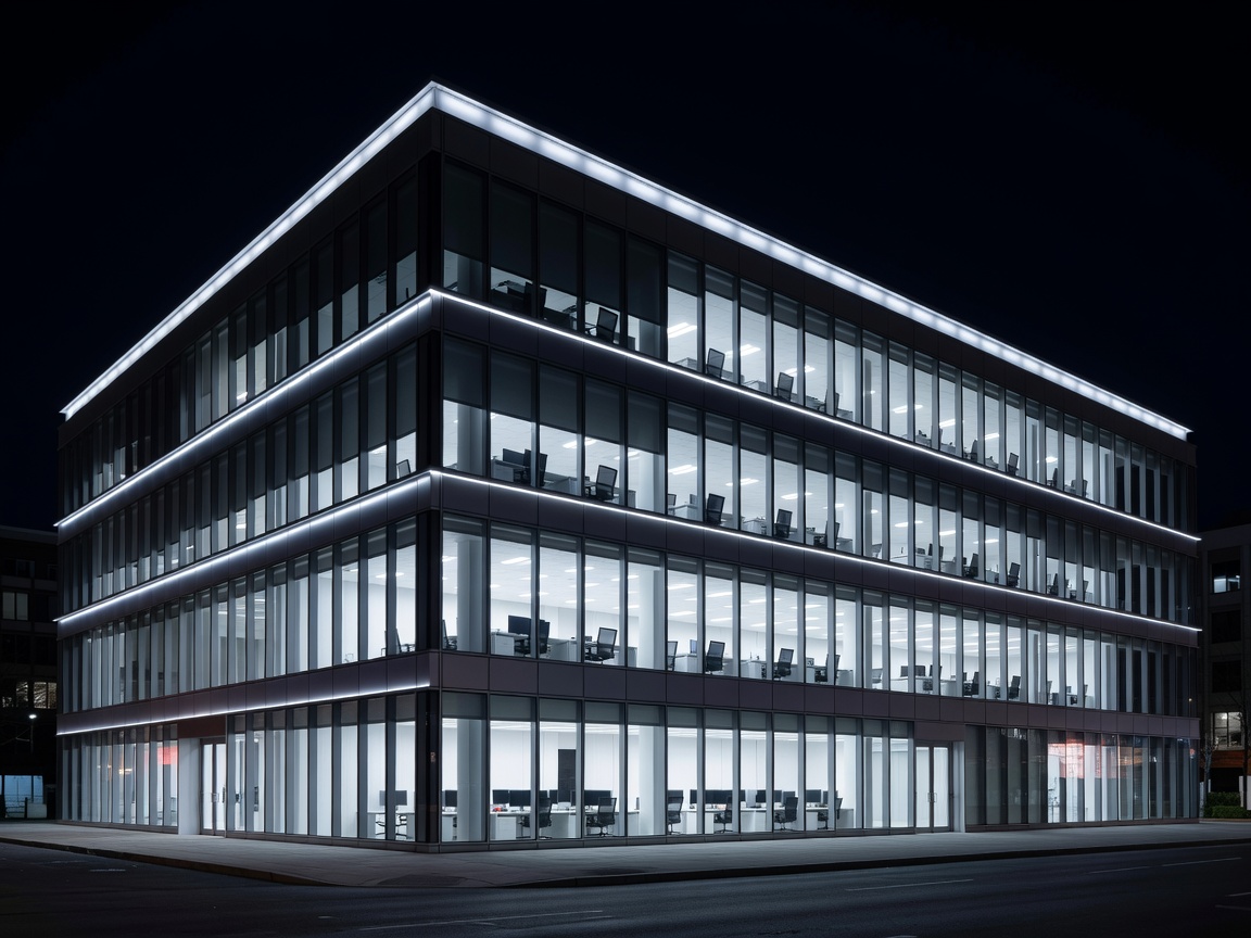 Commercial office building exterior lit at night