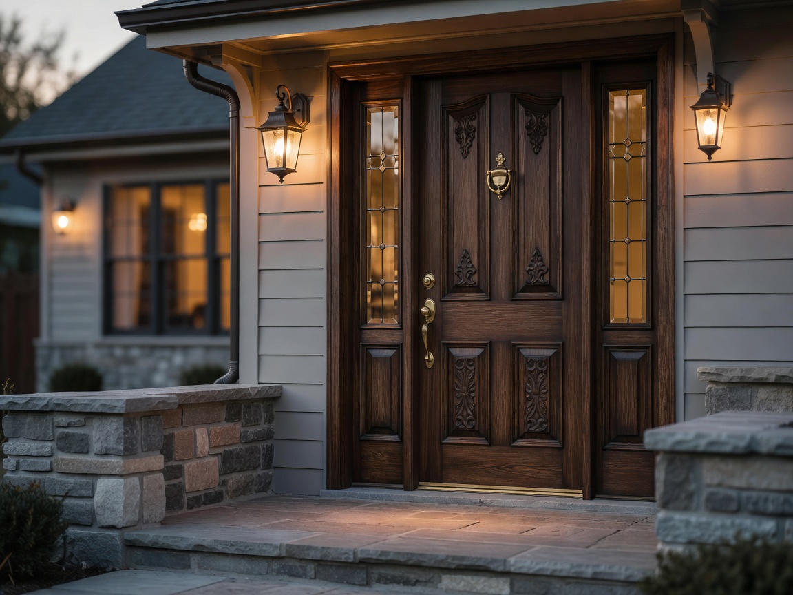 Front entrance door and porch with welcoming lighting