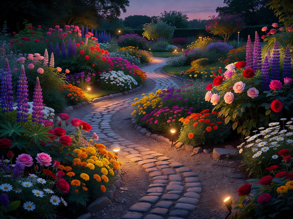 Garden paths and flower beds illuminated at dusk