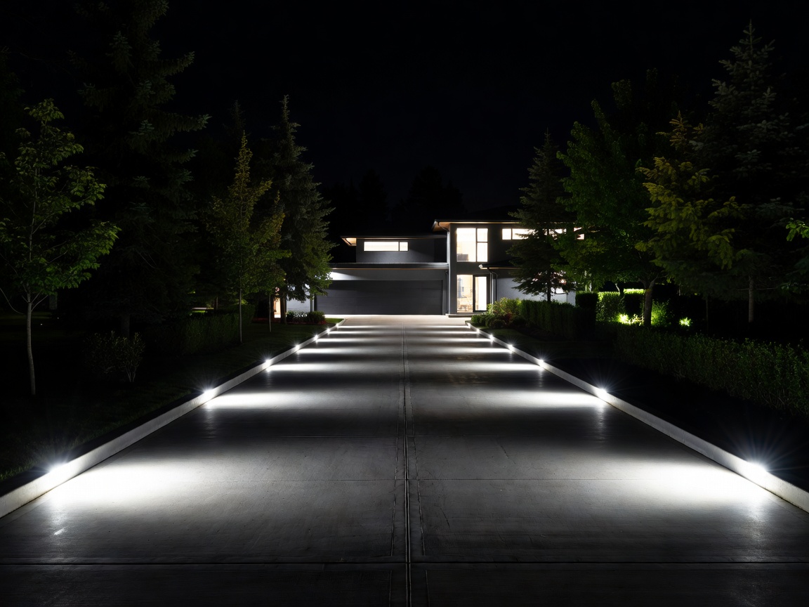 House with a brightly illuminated driveway at night
