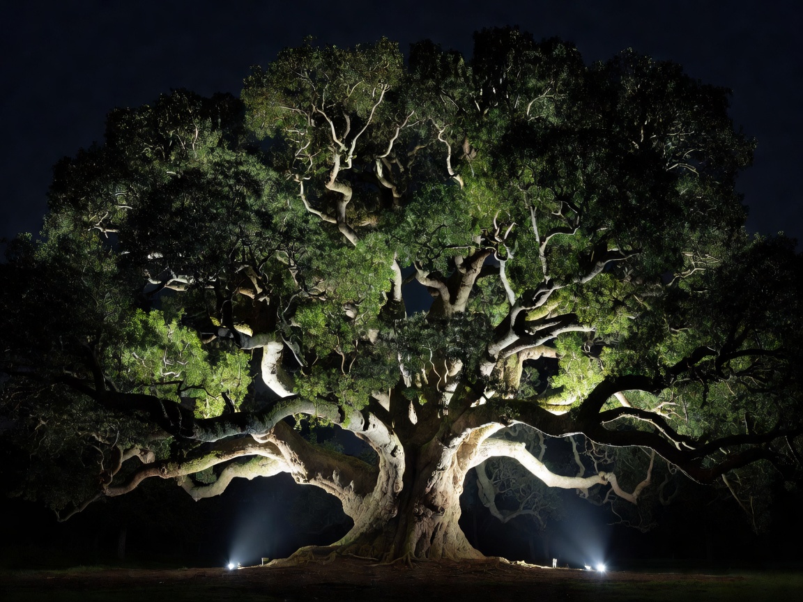 Large specimen tree dramatically illuminated from below by uplighting
