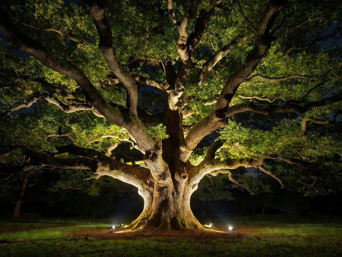 Large tree illuminated from below by uplighting