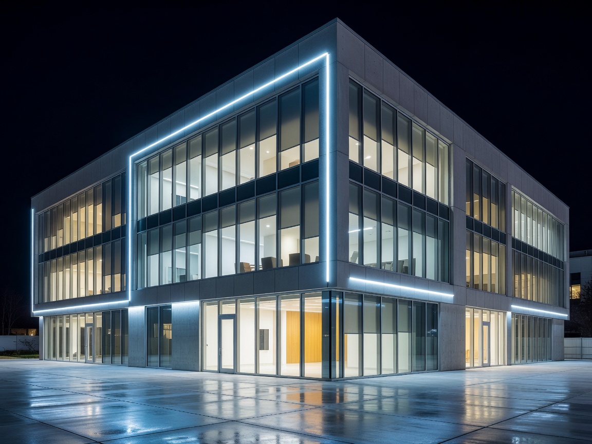 Modern commercial office building exterior well lit at night