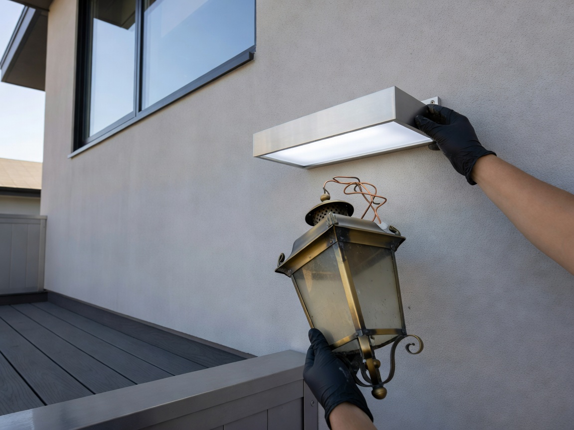Modern exterior light fixture replacing an older model