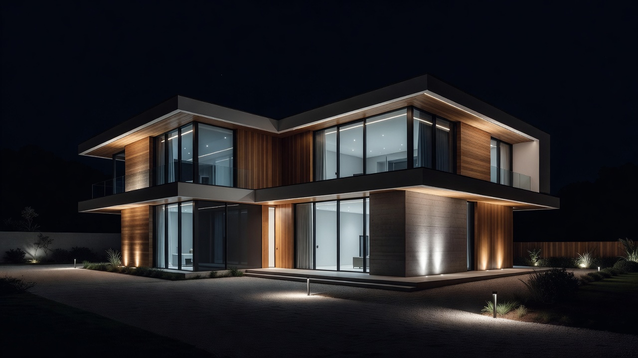 Modern house exterior illuminated by professional outdoor lighting at night
