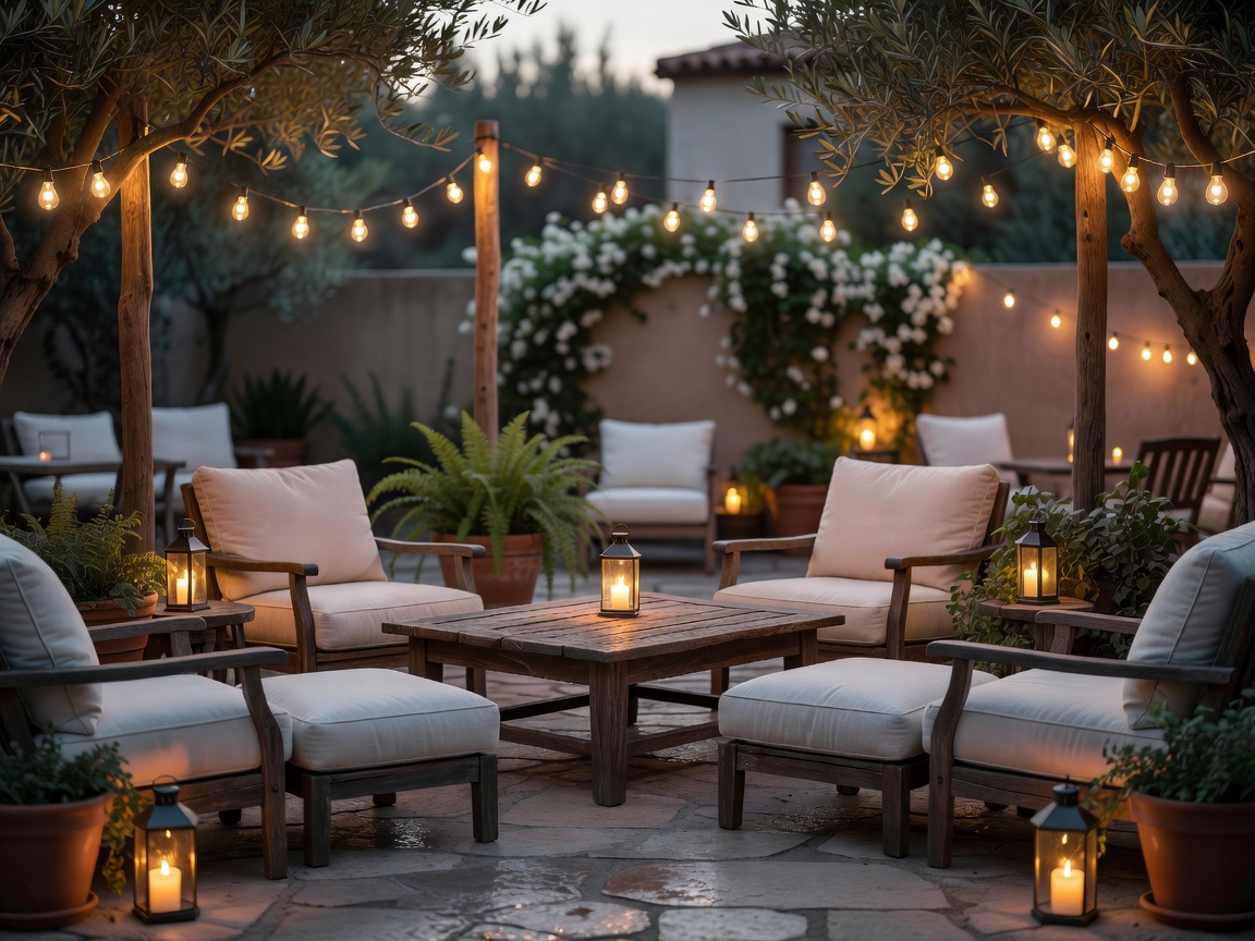 Outdoor patio seating area with ambient lighting
