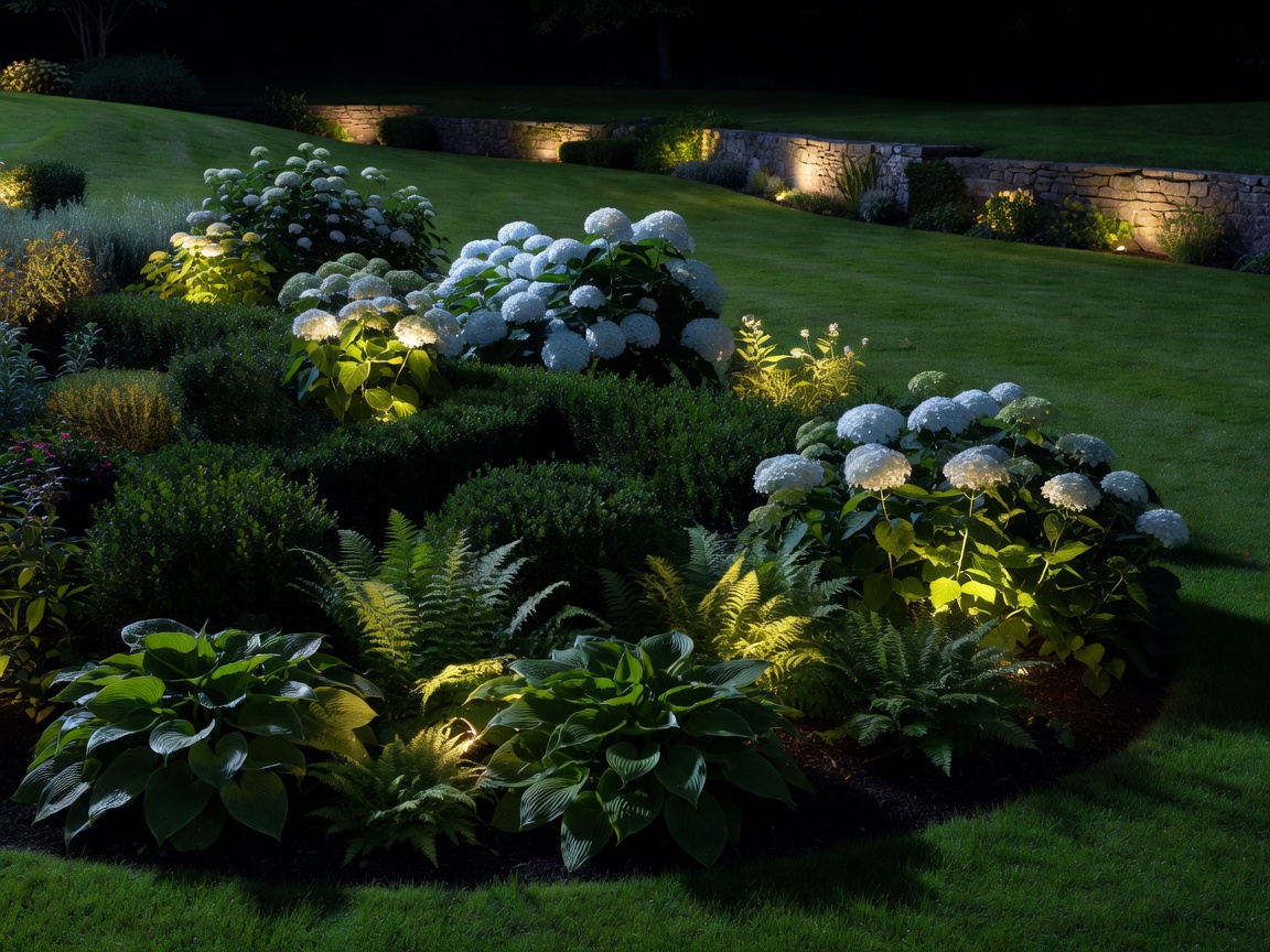Professionally lit landscape and planting areas at night