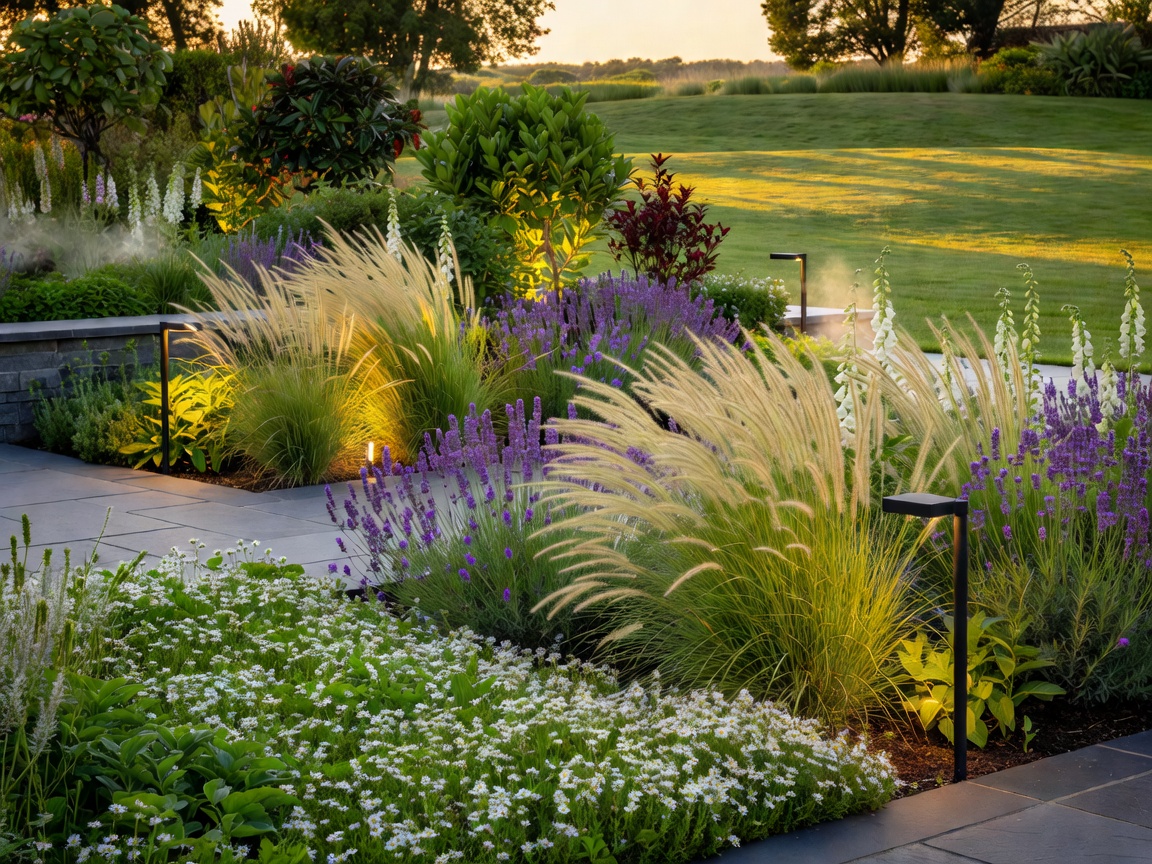 Professionally lit landscape and planting areas