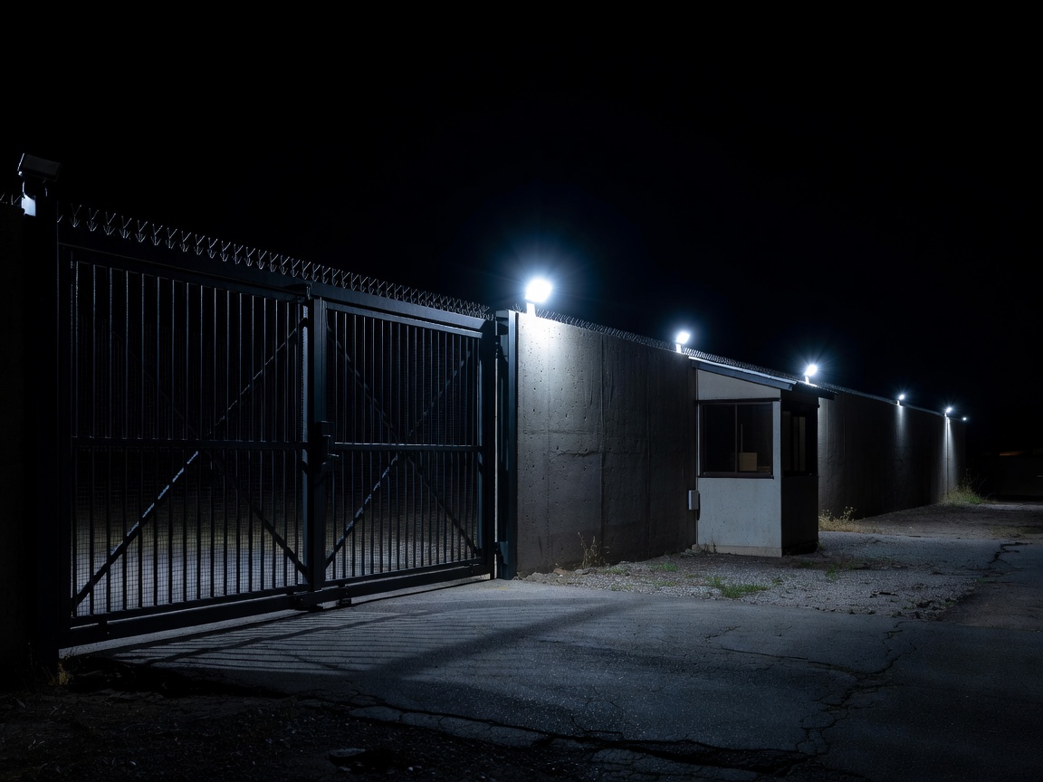 Property perimeter and entrance illuminated by security lighting