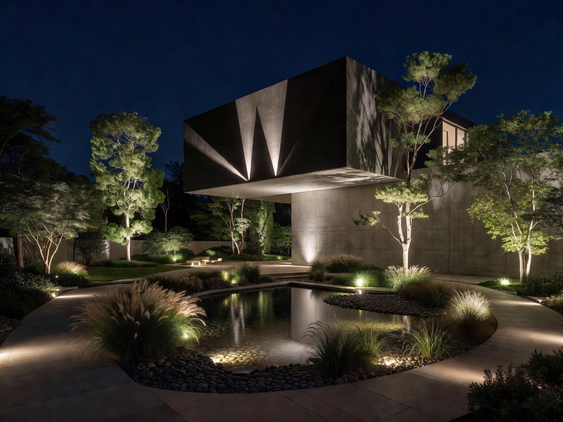 Specific architectural and landscape features highlighted by targeted accent lighting