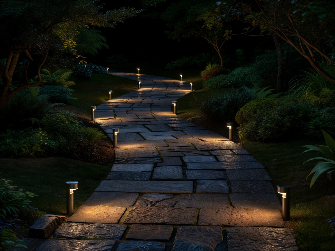 Stone pathway lit by low-level outdoor fixtures