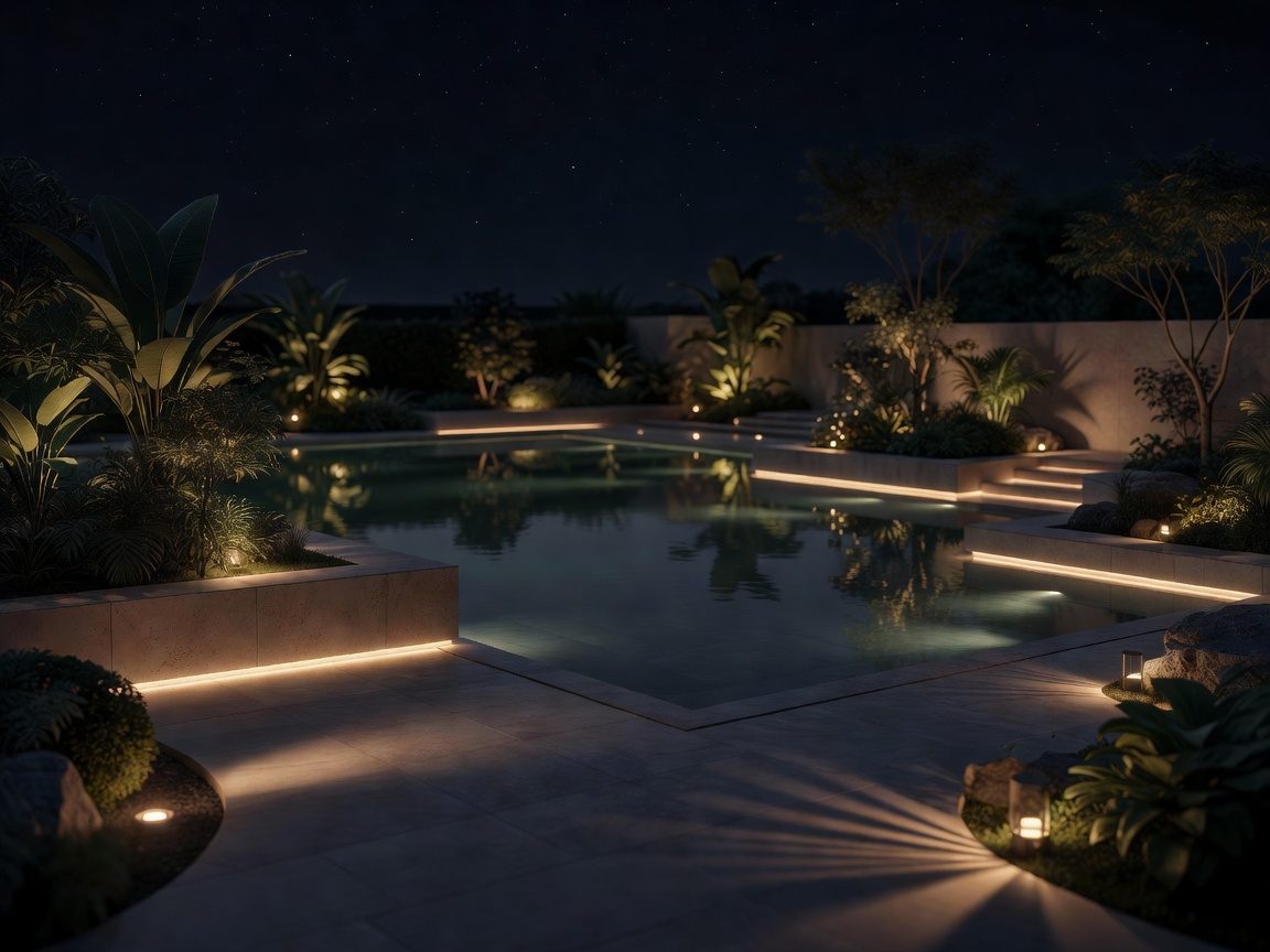 Swimming pool area surrounded by ambient landscape lighting at night
