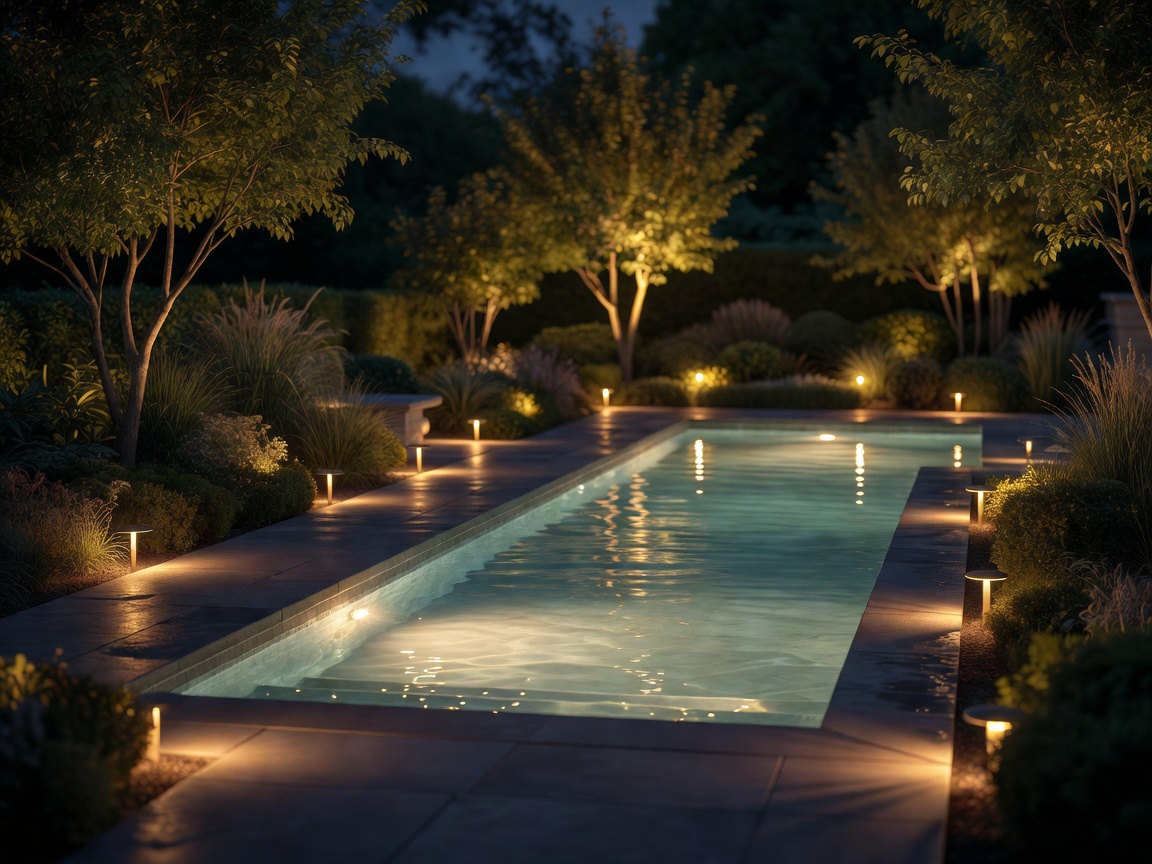 Swimming pool area surrounded by landscape lighting