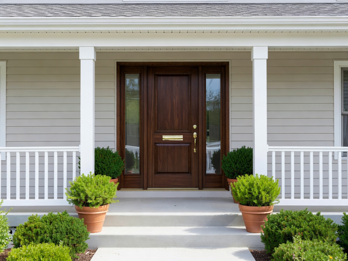 Well-lit residential front entrance door and porch