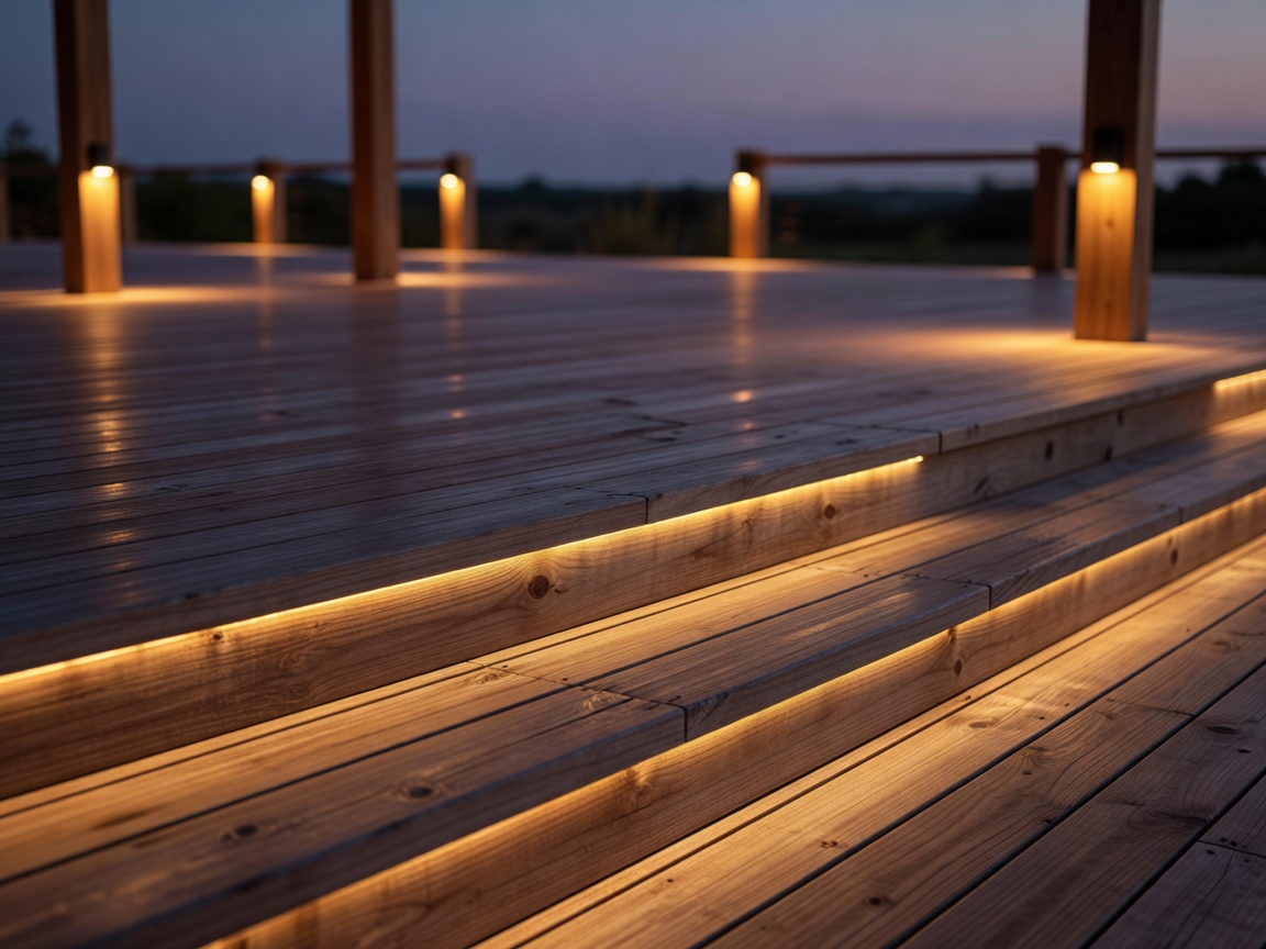 Wooden deck illuminated by integrated step and post lighting