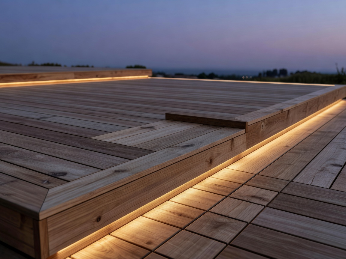 Wooden deck with integrated step and perimeter lighting